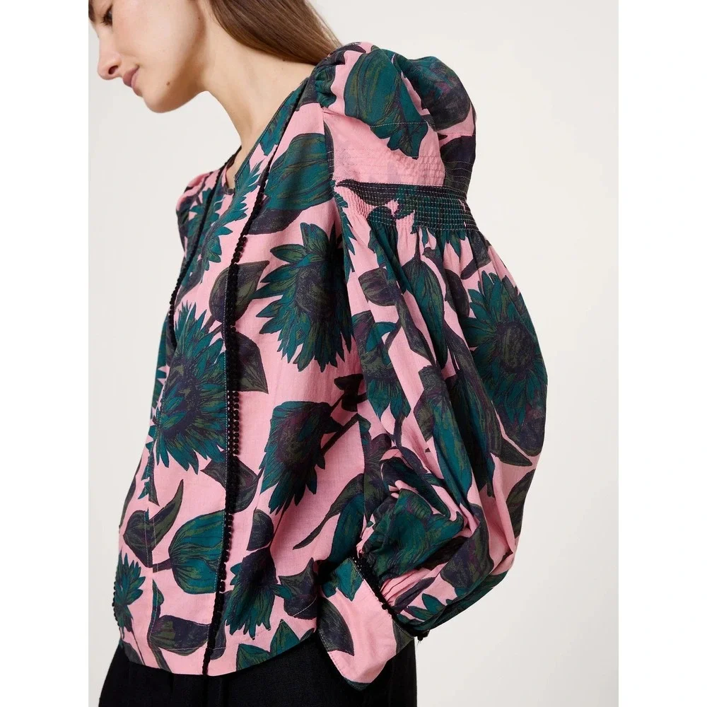 BR Floral Puff Sleeve Statement Blouse S Pink Green Romantic Victorian Inspired